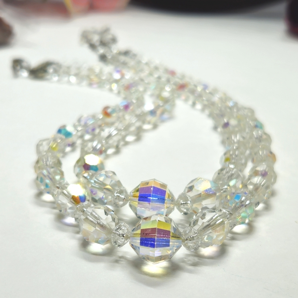 Vintage Aurora Borealis Crystal 2 Strand Necklace  Unique Shape Beads Art Deco